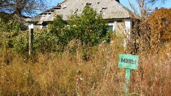 Табличка с надписью Мины возле разрушенного дома в Луганской области - 俄羅斯衛星通訊社