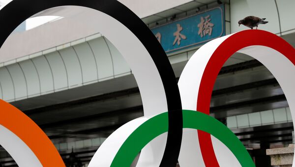 Голубь на Олимпийских кольцах в Токио  - 俄罗斯卫星通讯社