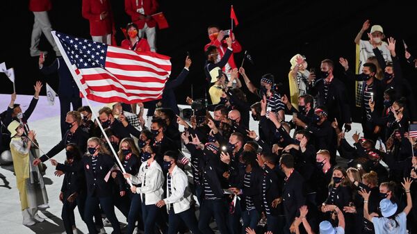 Спортсмены сборной США на параде атлетов на церемонии открытия XXXII летних Олимпийских игр в Токио. - 俄罗斯卫星通讯社