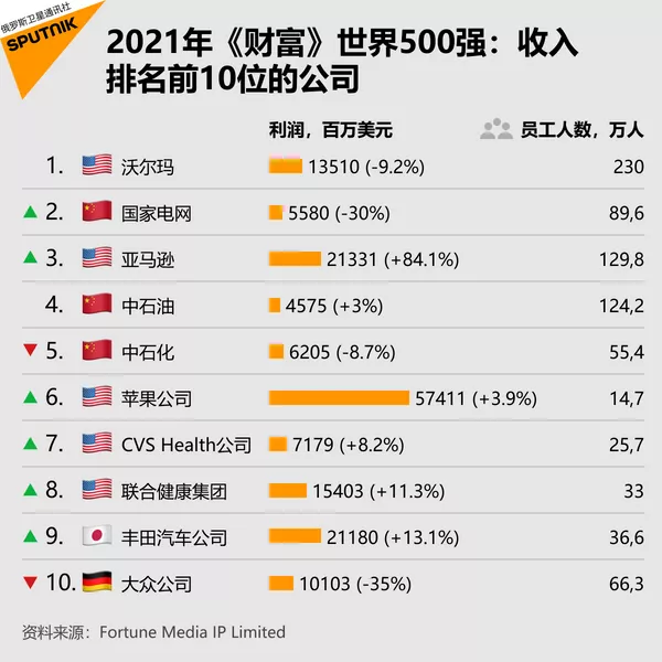 2021年《財富》世界500強:收入排名前10位的公司 2021年《財富》世界500強:收入排名前10位的公司 - 俄羅斯衛星通訊社