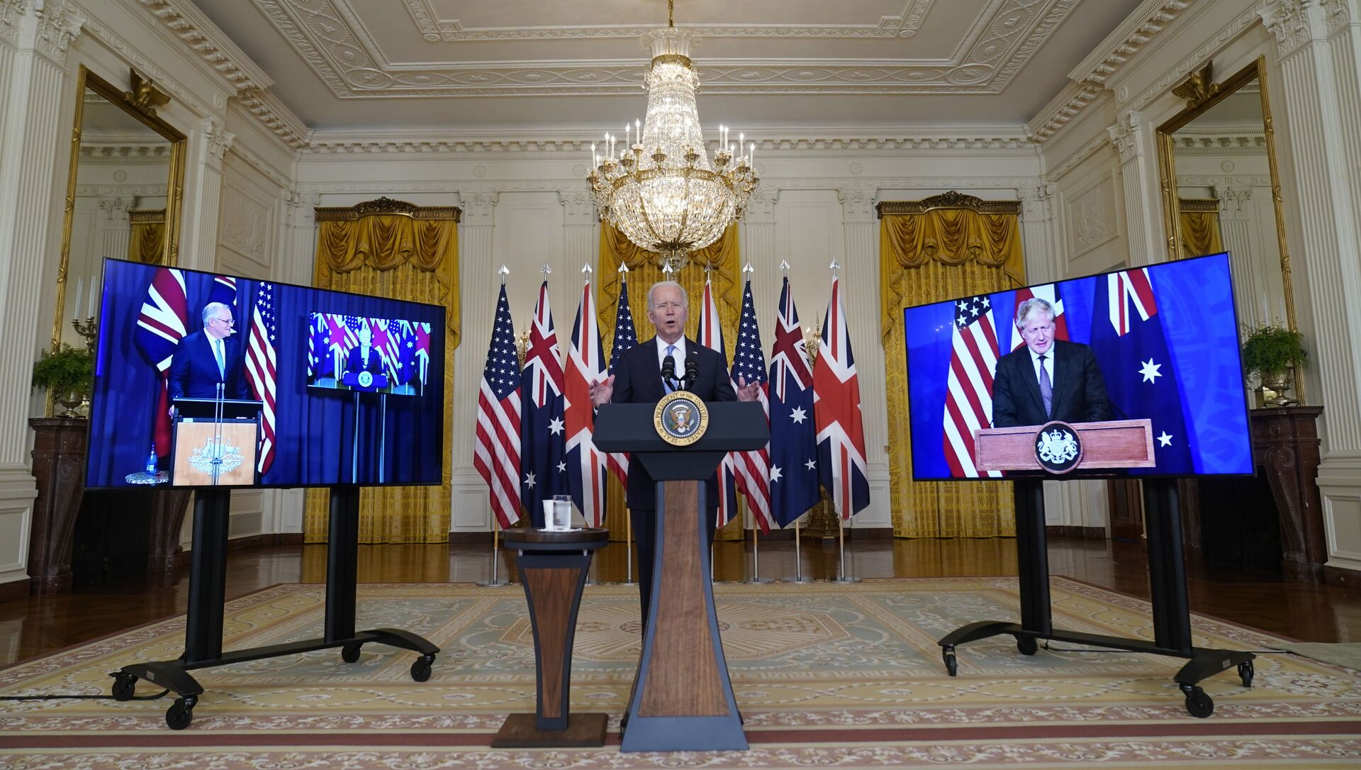 Президент Джо Байден, премьер-министр Австралии Скотт Моррисон и премьер-министр Великобритании Борис Джонсон на онлайн встрече по поводу новой инициативы США в области национальной безопасности в партнерстве с Австралией и Соединенным Королевством - 俄羅斯衛星通訊社, 1920, 29.09.2021