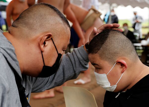 日本少年相撲運動員與父親在賽場外交談。 - 俄羅斯衛星通訊社