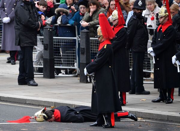 英国白厅，一名骑兵在墓碑复活仪式开始前倒在地上。 - 俄罗斯卫星通讯社