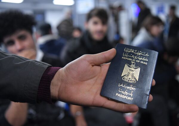 一位難民手中的伊拉克護照。 - 俄羅斯衛星通訊社