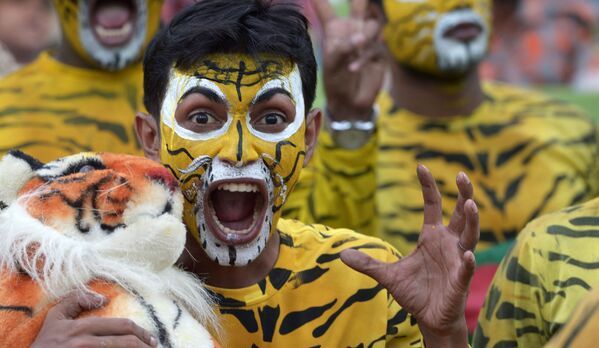 在達卡舉行的孟加拉國和英格蘭的板球比賽中，球迷們扮成老虎的樣子，為本國球隊加油。老虎是孟加拉國板球的象徵。 - 俄羅斯衛星通訊社