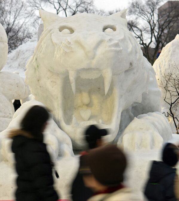 日本札幌大通公園裡的老虎雪雕。 - 俄羅斯衛星通訊社