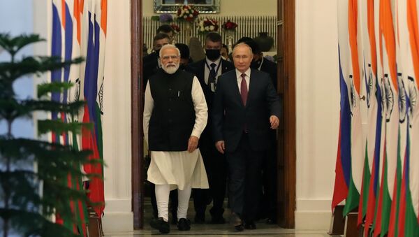 Премьер-министр Республики Индии Нарендра Моди и президент РФ Владимир Путин во время встречи в Хайдарабадском дворце в Нью-Дели - 俄罗斯卫星通讯社
