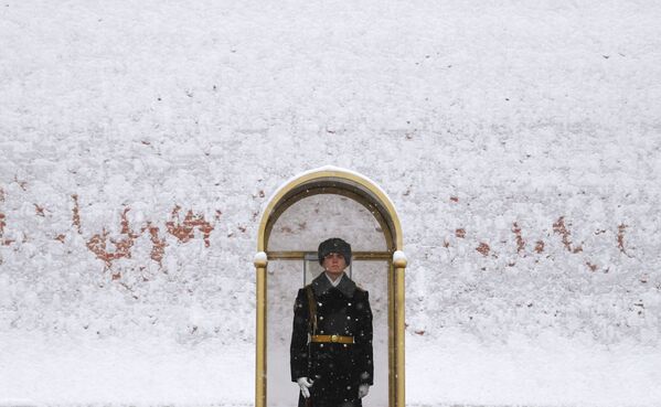 下雪時，莫斯科紅場上的哨兵。 - 俄羅斯衛星通訊社