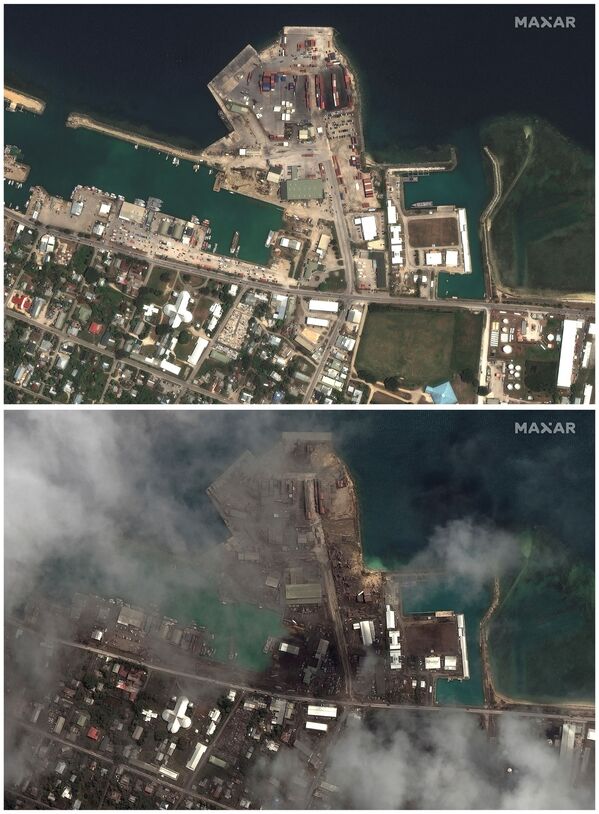 洪加哈帕伊火山噴發前後湯加港的衛星圖像。 - 俄羅斯衛星通訊社