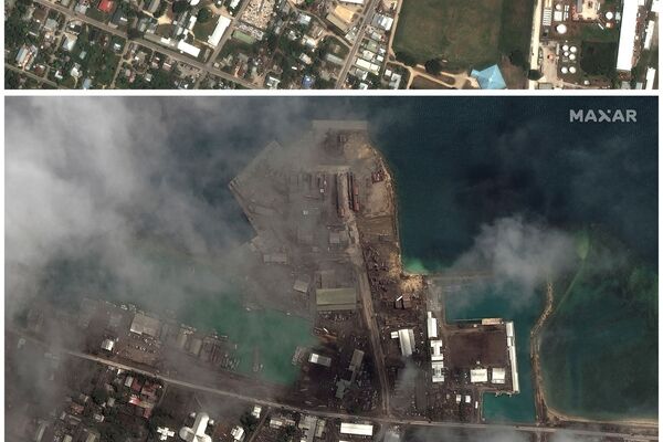洪加哈帕伊火山噴發前後湯加港的衛星圖像。 - 俄羅斯衛星通訊社