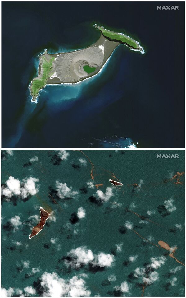 湯加，火山噴發前後的衛星圖像。 - 俄羅斯衛星通訊社
