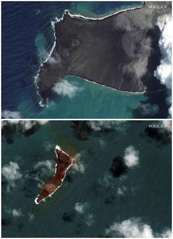 洪加哈帕伊火山噴發前後的衛星圖像。 - 俄羅斯衛星通訊社