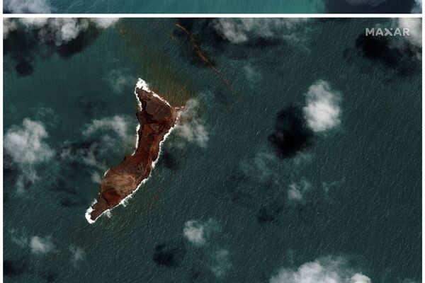 洪加哈帕伊火山噴發前後的衛星圖像。 - 俄羅斯衛星通訊社