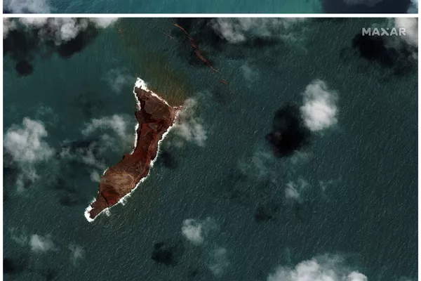 洪加哈帕伊火山噴發前後的衛星圖像。 洪加哈帕伊火山噴發前後的衛星圖像。 - 俄羅斯衛星通訊社