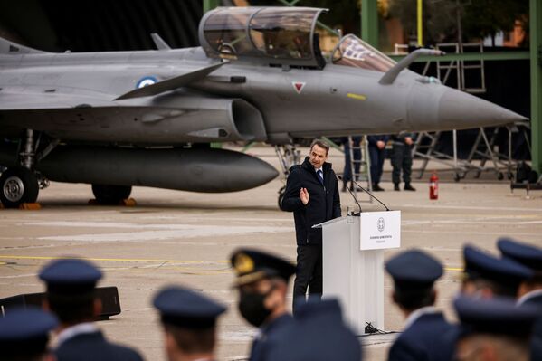 希腊总理基里亚科斯·米佐塔基斯在战机交付仪式上致词。 - 俄罗斯卫星通讯社
