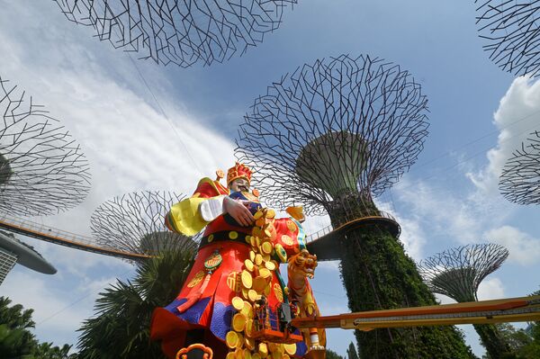 新加坡擎天树树丛景区(Supertree Grove) 的农历新年“财神爷”，2022年1月18日。 - 俄罗斯卫星通讯社
