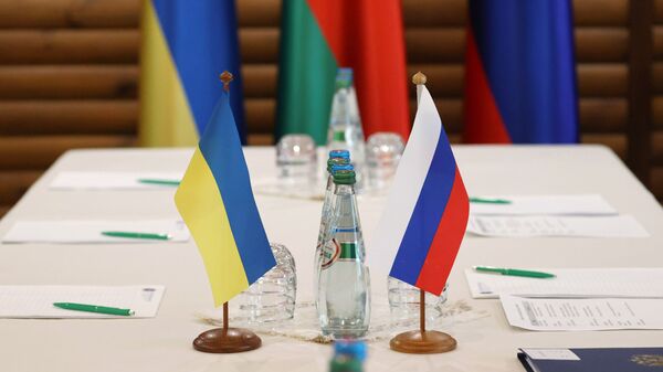 Флажки на столе, за которым пройдут российско-украинские переговоры - 俄羅斯衛星通訊社
