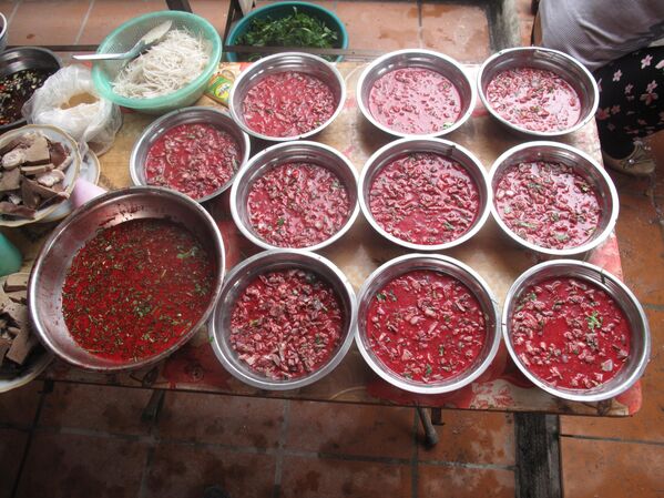 越南鸭血汤(Tiet-kan)。鸭血汤选用新鲜的鸭血煮制,但奇怪的事情还不止于此,因为它还需要加入鸟类的甲状腺。为了使鸭血凝固,需要在冰箱中冷却结块。 越南鸭血汤(Tiet-kan)。鸭血汤选用新鲜的鸭血煮制,但奇怪的事情还不止于此,因为它还需要加入鸟类的甲状腺。为了使鸭血凝固,需要在冰箱中冷却结块。 - 俄罗斯卫星通讯社