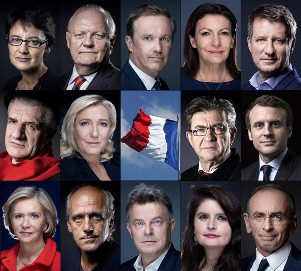 2022年4月6日，法國阿皮利市政廳附近的公告板上看到的法國總統選舉候選人的官方競選海報。 - 俄羅斯衛星通訊社