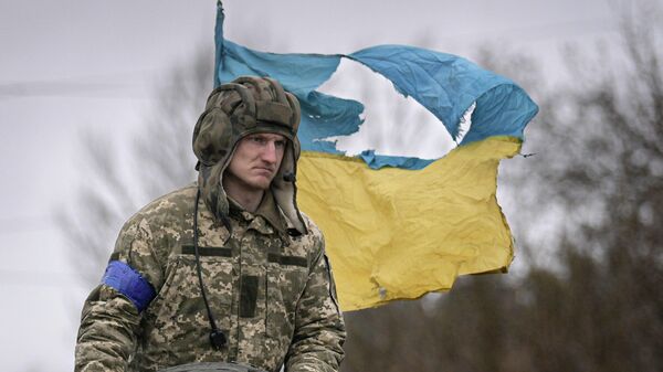 Украинский военный на фоне флага - 俄羅斯衛星通訊社