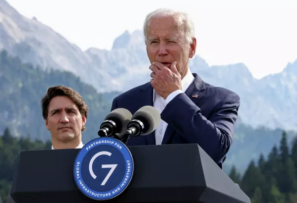 美国总统拜登在七国集团峰会（G7）期间发表讲话。 - 俄罗斯卫星通讯社