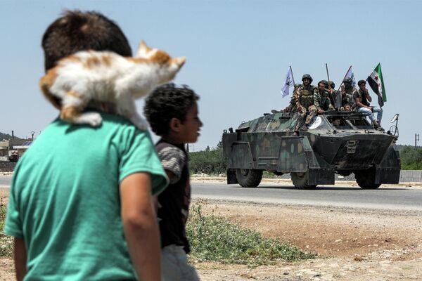 小男孩在路旁注视着从阿夫林市出发的叙利亚反抗军。 - 俄罗斯卫星通讯社