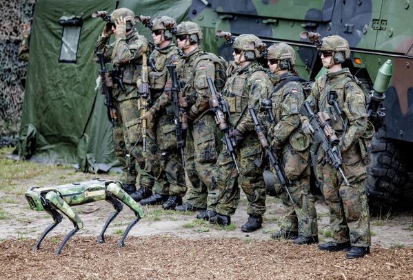 德國武裝部隊的機器人狗“沃爾夫岡”在德國士兵面前展示。 - 俄羅斯衛星通訊社
