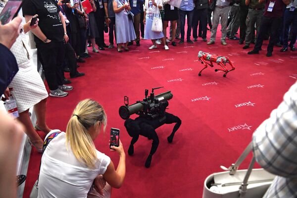 “军队-2022”论坛上展示的两台机器狗，分别为配备榴弹发射装置的M-81机器狗和Robostation机器狗。 - 俄罗斯卫星通讯社