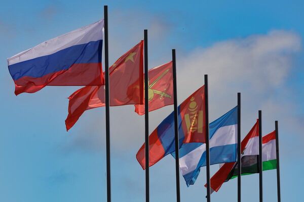 参加俄罗斯“东方-2022”演习的国家的旗帜。来自集安组织、上合组织成员国和其他合作伙伴（包括阿塞拜疆、阿尔及利亚、亚美尼亚、白俄罗斯、印度、哈萨克斯坦、吉尔吉斯斯坦、中国、老挝、蒙古国、尼加拉瓜、叙利亚、塔吉克斯坦）的指挥机构行动小组、部队官兵和观察员将组成联合集群演练联合行动。 - 俄罗斯卫星通讯社