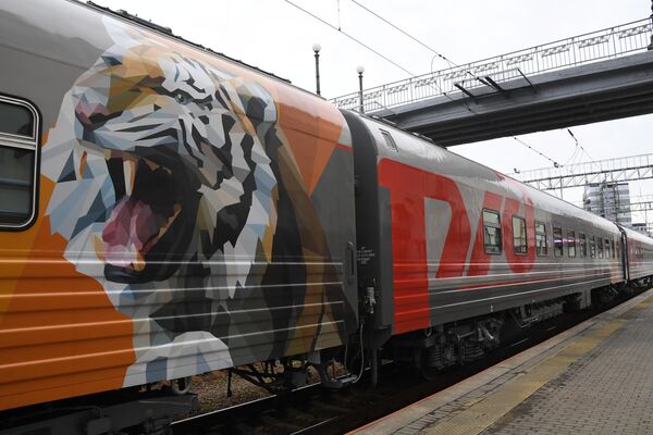俄鐵在符拉迪沃斯托克展示阿穆爾虎的主題列車 - 俄羅斯衛星通訊社