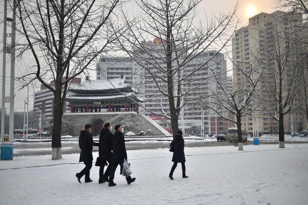 2022年12月3日，朝鲜平壤普通江区，今年第一场降雪后，行人走在路上。 - 俄罗斯卫星通讯社