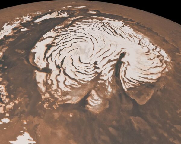 火星北极峡谷表面的冰层景色。白色背景下的深色条纹是巨大的洼地。北极峡谷的大小和美国最著名的大峡谷相当。 - 俄罗斯卫星通讯社