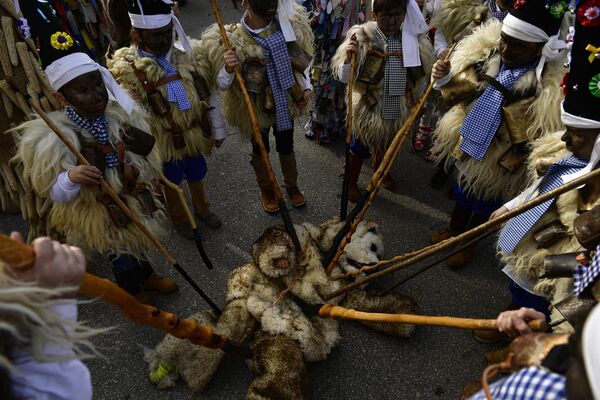 西班牙La Vidanera節上，男人們身著羊皮，戴著鈴鐺，表演熊是如何死亡的。 - 俄羅斯衛星通訊社