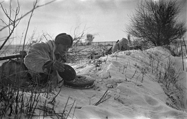 西南方面軍。伏羅希洛夫格勒州（現盧甘斯克）。蘇軍工兵們正在排雷。 - 俄羅斯衛星通訊社