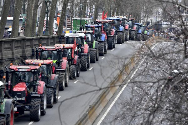 農民們開著拖拉機行駛在布魯塞爾市中心的道路上。比利時農民在布魯塞爾舉行示威遊行，抗議政府關於農業和畜牧業氮肥使用和氮排放的限制政策 - 俄羅斯衛星通訊社
