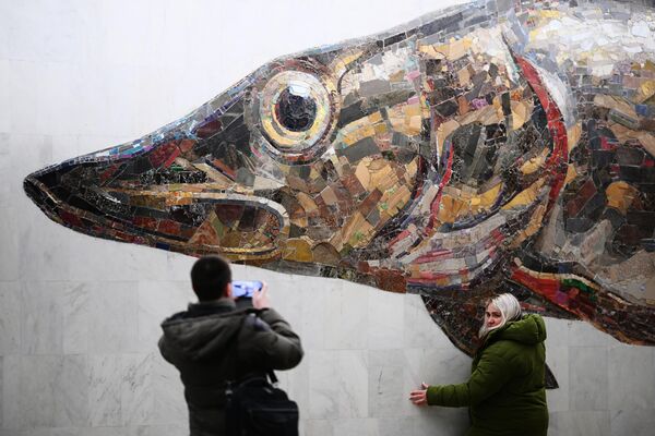 莫斯科市环线地铁“纳加京斯基船坞”站内的鱼类壁画。 - 俄罗斯卫星通讯社