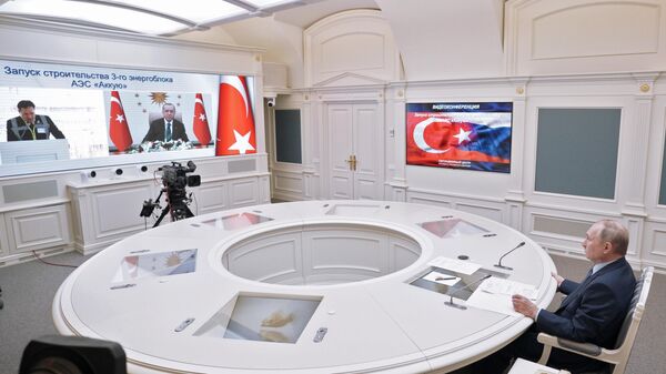 2021年，俄羅斯總統普京與土耳其總統埃爾多安共同宣佈位於土耳其梅爾辛省的阿庫尤核電站開始建造3號機組 - 俄羅斯衛星通訊社