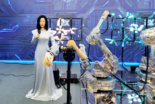 北京，世界機器人大會一個展台上的機器人 - 俄羅斯衛星通訊社