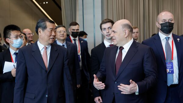 俄罗斯总理米舒斯京和中国国务院副总理何立峰在上海举行的俄中商务论坛全体会议前 - 俄罗斯卫星通讯社