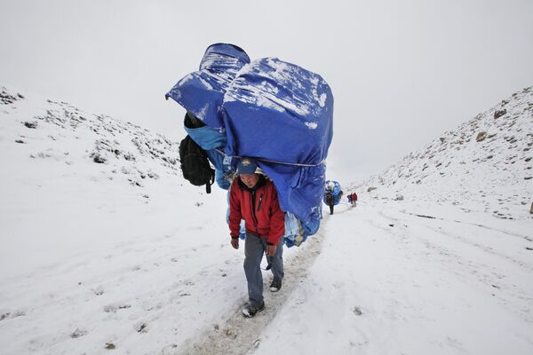 2016年3月28日，一名搬运工人带着巨大的负荷向珠峰大本营走去。(美联社 资料图) - 俄罗斯卫星通讯社