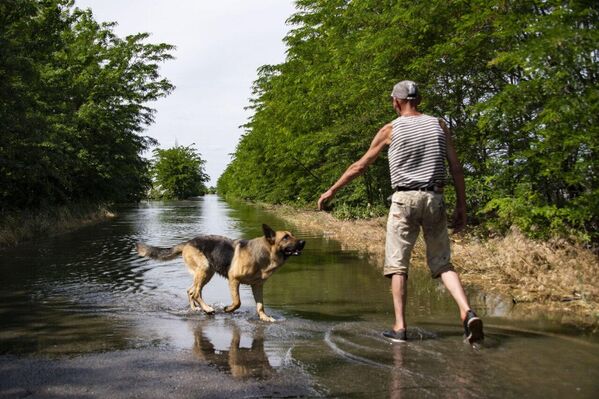 科爾松卡村的一名男子和他的狗。該村在卡霍夫卡水電站被毀後幾乎完全被淹沒。 - 俄羅斯衛星通訊社