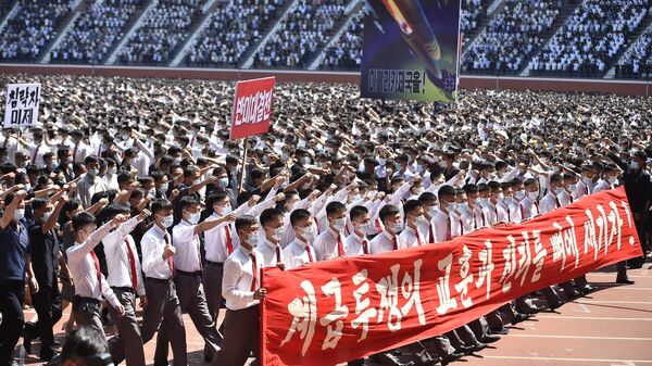 在朝鲜战争爆发73周年之际，朝鲜平壤的群众在体育场里举行“反美斗争日”的游行活动。 - 俄罗斯卫星通讯社