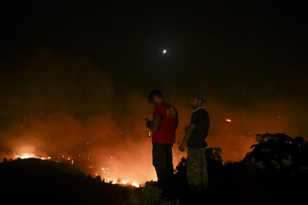 人們在希臘羅德島馬龍村附近察看大火。 - 俄羅斯衛星通訊社
