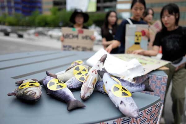 2023年8月24日，星期四，韓國首爾，人們在抗議日本政府將核污水排海的集會上，擺放帶有放射性危險標誌的魚模型。 - 俄羅斯衛星通訊社