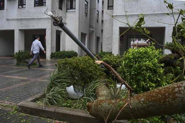 香港，杏花邨，一名男子正从被台风“苏拉”毁坏的灯柱和树木旁走过 - 俄罗斯卫星通讯社