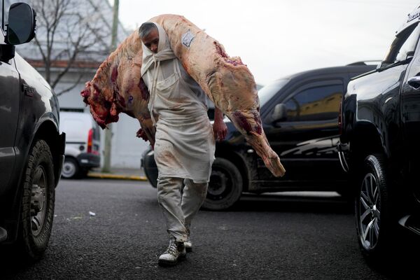 阿根廷，布宜诺斯艾利斯的一名屠夫在搬运屠宰好的牲畜。 - 俄罗斯卫星通讯社