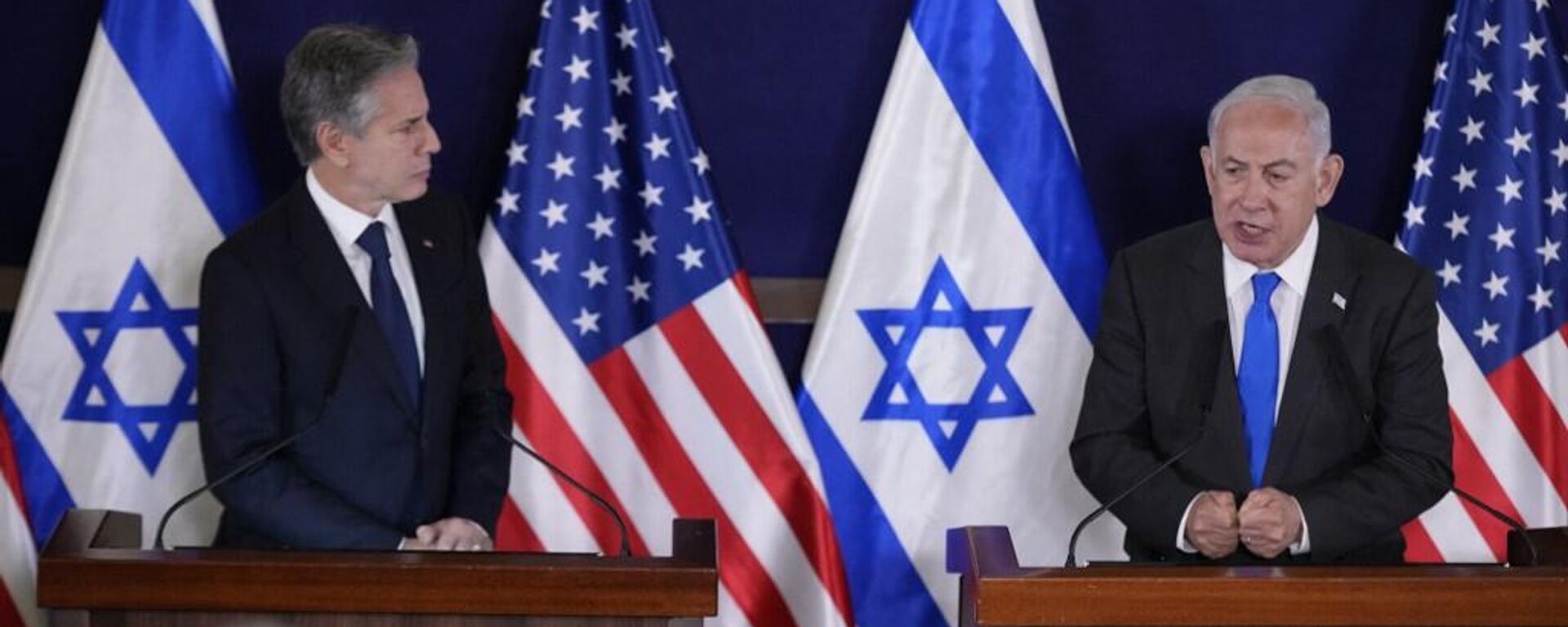 以色列總理內塔尼亞胡在特拉維夫的以國防部總部會見美國國務卿布林肯 - 俄羅斯衛星通訊社, 1920, 12.10.2023