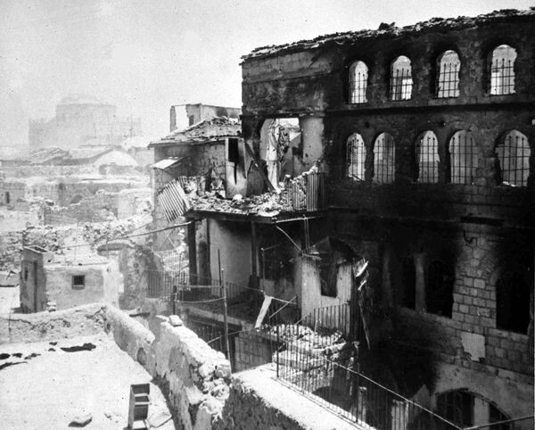 1948年5月30日，被阿拉伯軍團轟炸後，巴勒斯坦耶路撒冷老城的一座猶太建築成為廢墟。猶太軍隊向外約旦阿拉伯軍隊投降。 - 俄羅斯衛星通訊社