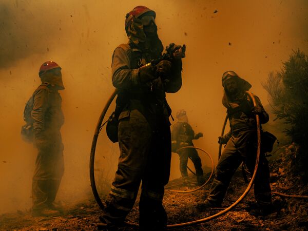 《火与灰》，三等奖，西班牙 阿德拉·帕伦 几名消防员正在直接扑救正在蔓延的火势，火势直到几天后都未得到控制。 - 俄罗斯卫星通讯社