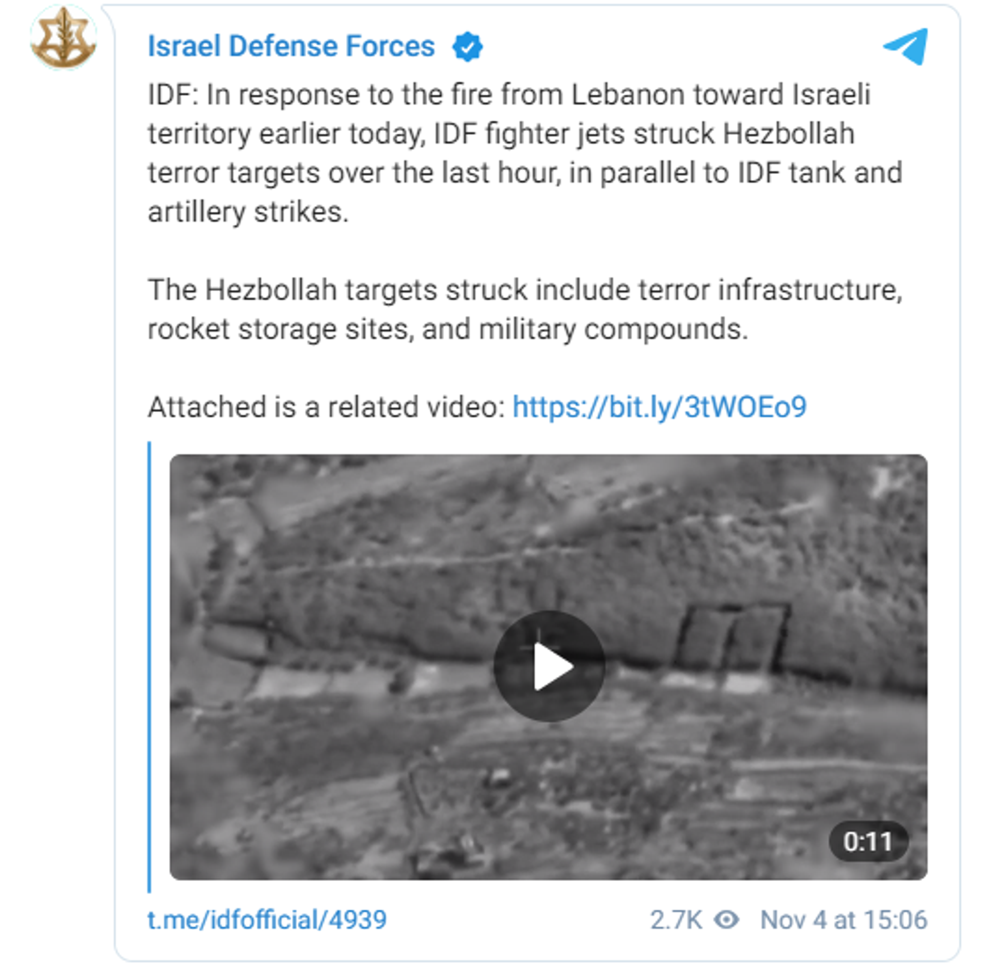Израиль заявил, что нанес удары по военным объектам Хезболлы - 俄羅斯衛星通訊社, 1920, 04.11.2023